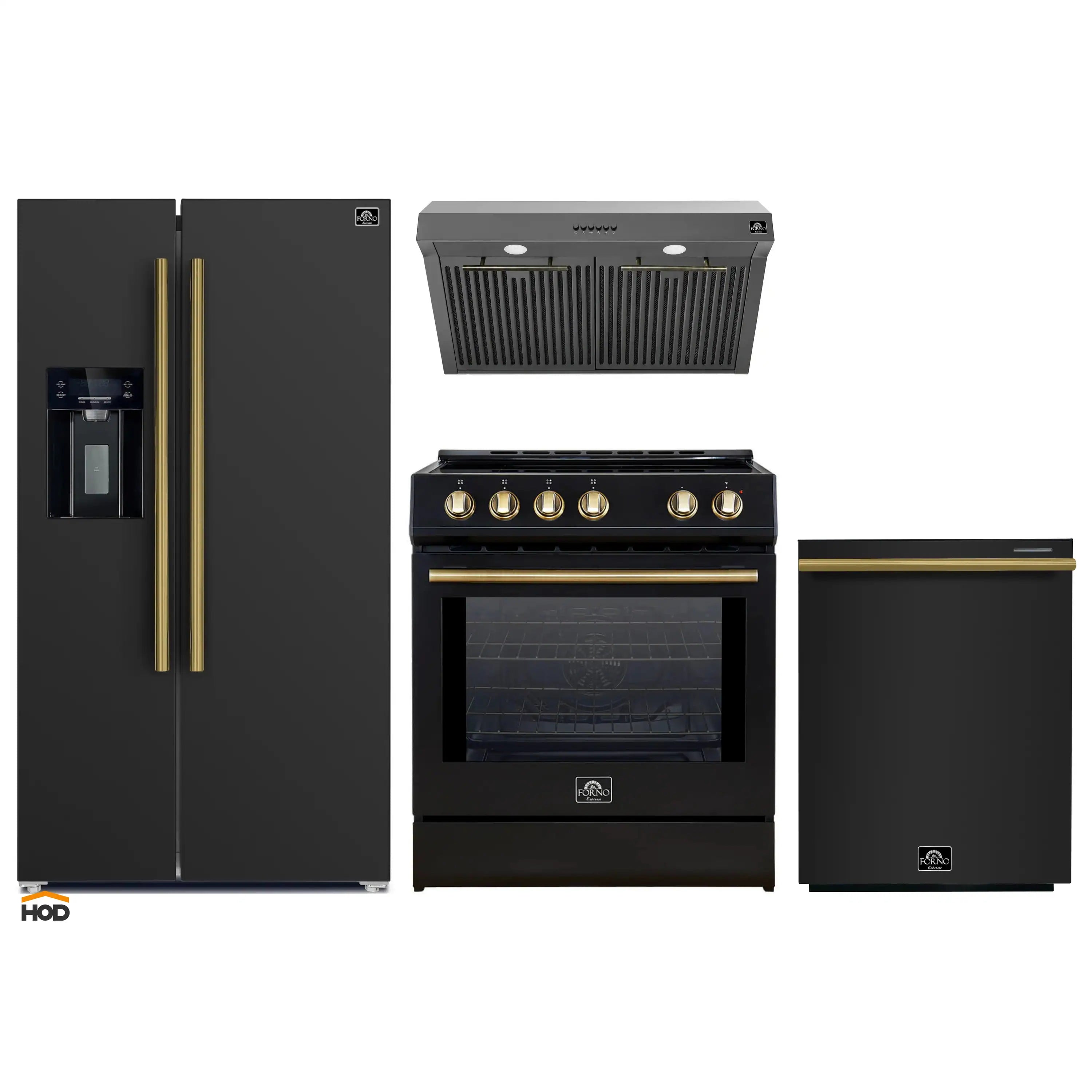 Forno 4-Piece Appliance Package - 30-Inch Induction Range, Under Cabinet Range Hood, French Door Refrigerator with Water Dispenser, and Dishwasher in Black with Antique Brass Trim