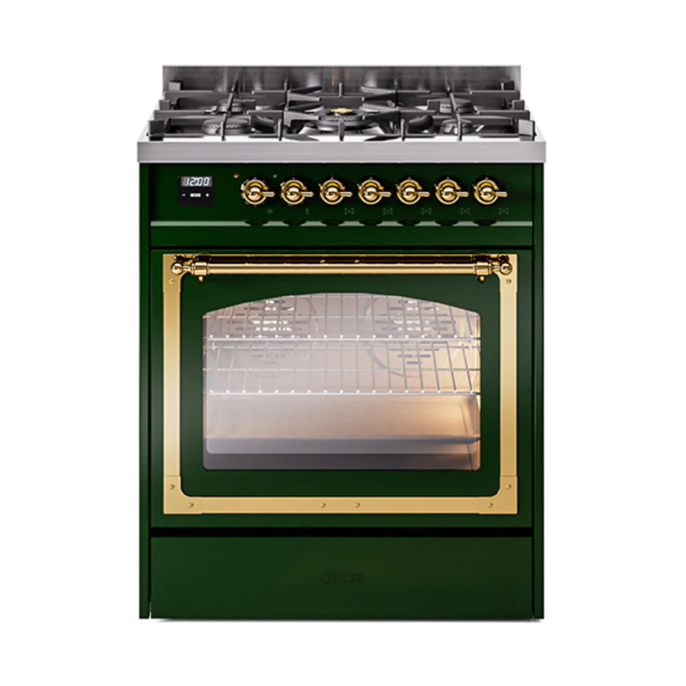 ILVE Nostalgie II Noblesse 30-Inch Dual Fuel Range with Triple Glass Door in Emerald Green with Brass Trim (UN30NMPEGG)