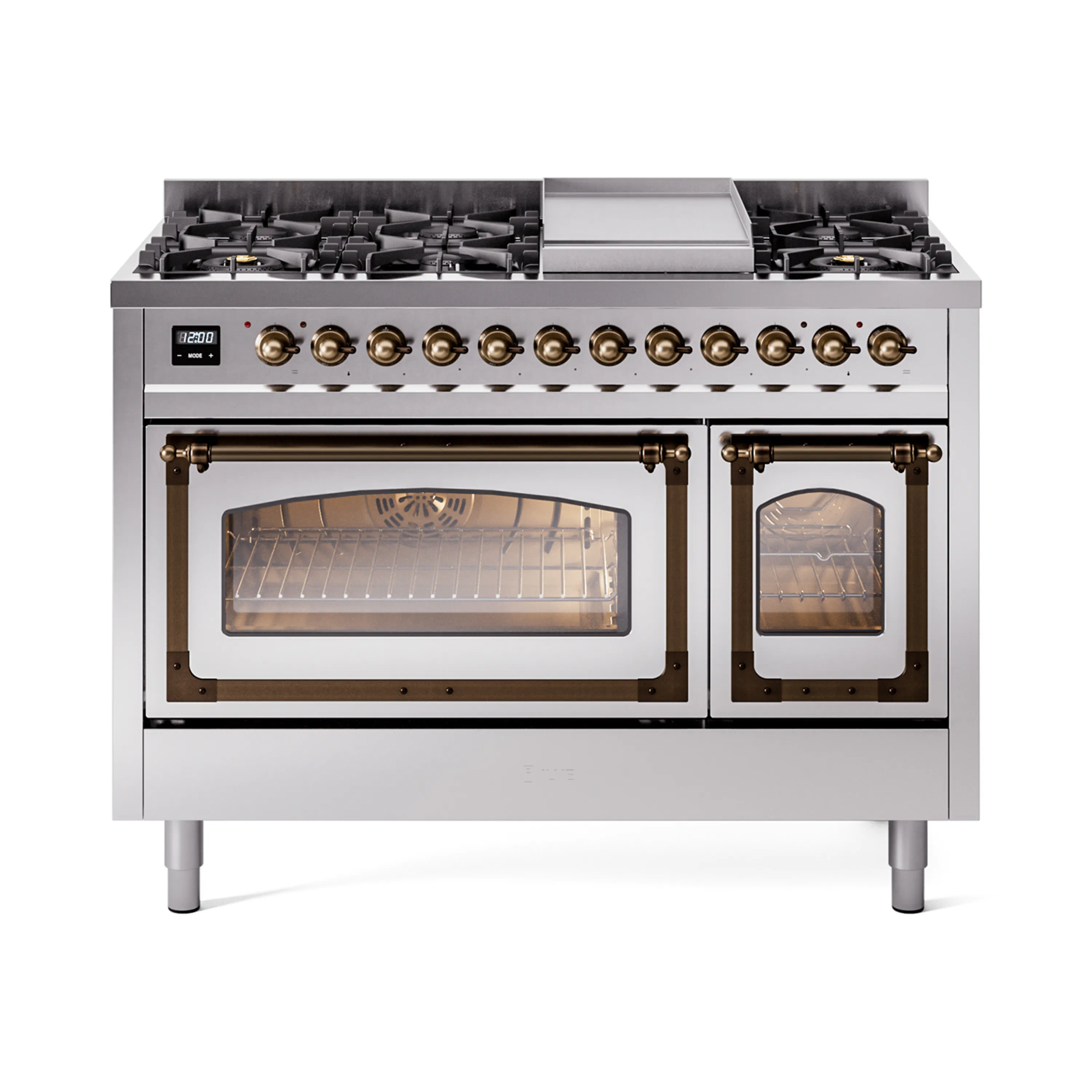 ILVE Nostalgie II Noblesse 48-Inch Dual Fuel Freestanding Range in Stainless Steel with Bronze Trim (UN48FNMPSSB)