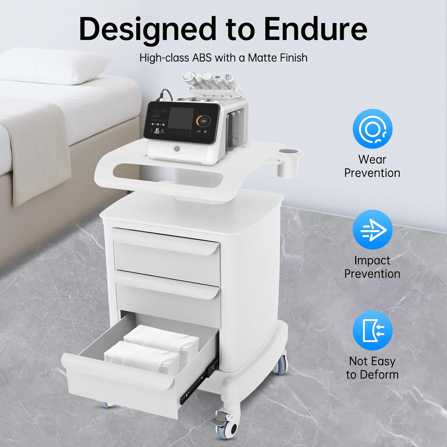 Beauty Instrument Trolley Cart, Freestanding Mobile Trolley with 4 Wheels 66lbs Storage Cart with 3 Drawers, Lab Rolling Storage Cart for Spas, Homes, Labs, Salons