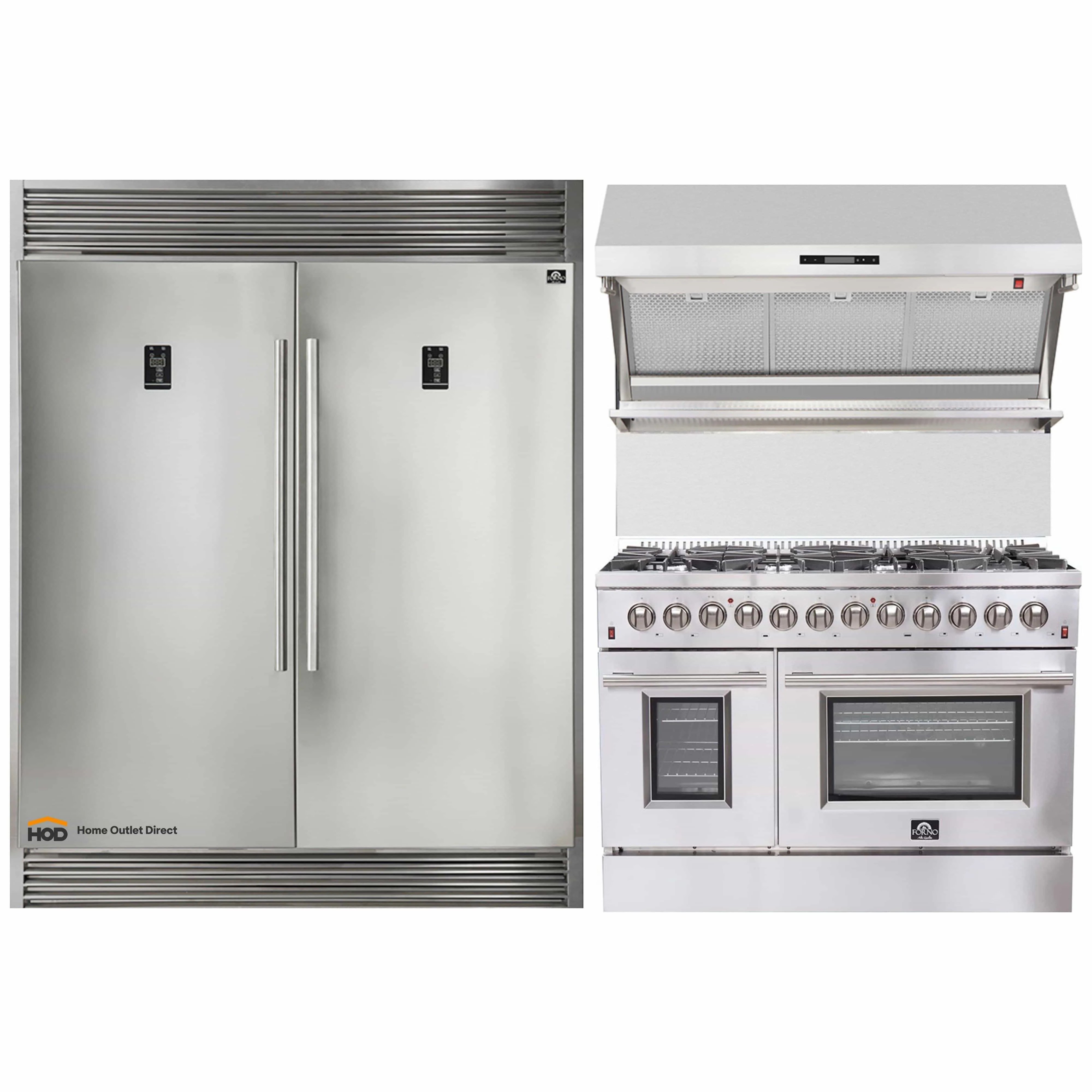 Forno 3-Piece Appliance Package - 48-Inch Dual Fuel Range, 60-Inch Pro-Style Refrigerator & Wall Mount Hood with Backsplash in Stainless Steel (FBDL-017-02US)