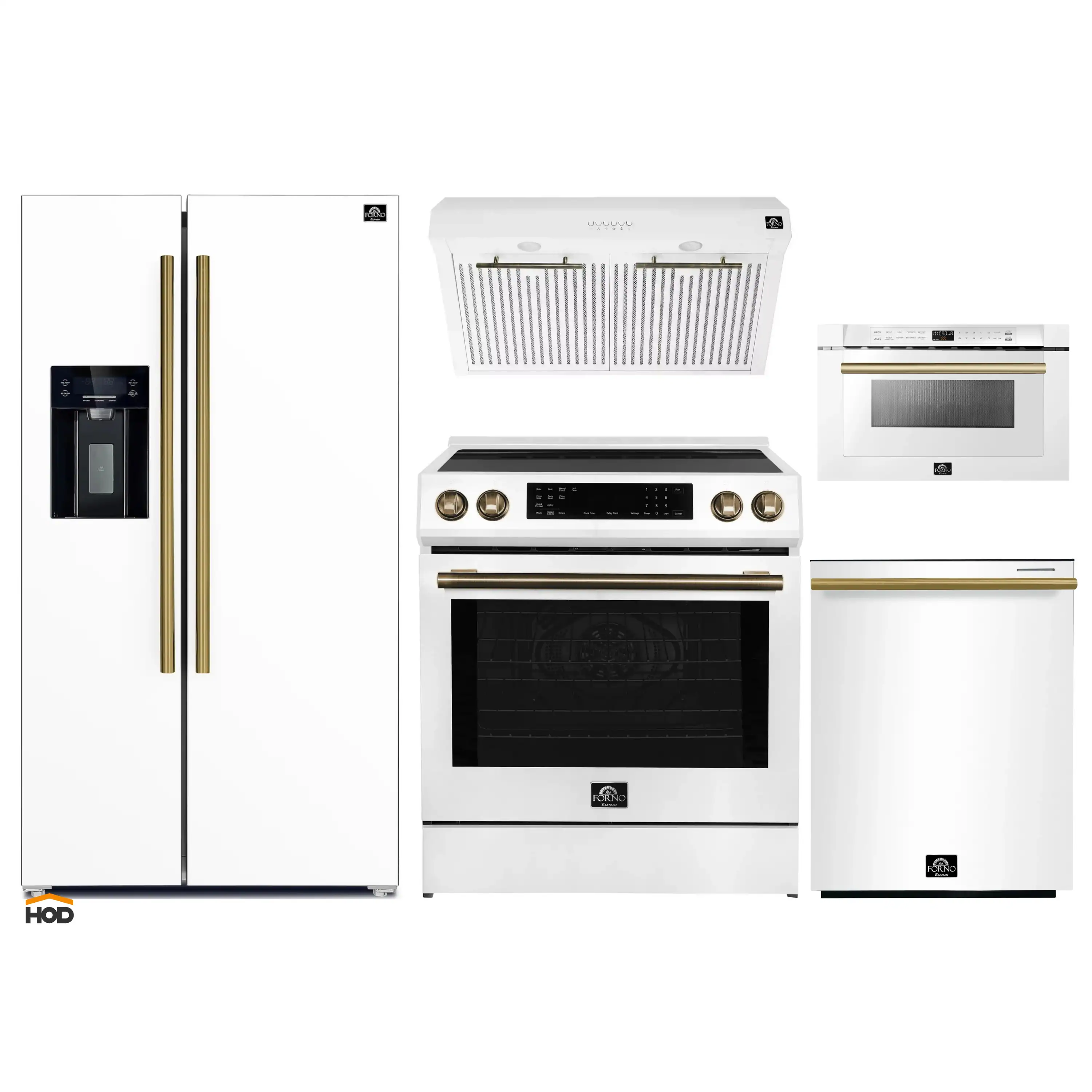 Forno 5-Piece Appliance Package - 30-Inch Induction Range, Under Cabinet Range Hood, Refrigerator with Water Dispenser, Dishwasher, and  Microwave Drawer in White with Antique Brass Trim