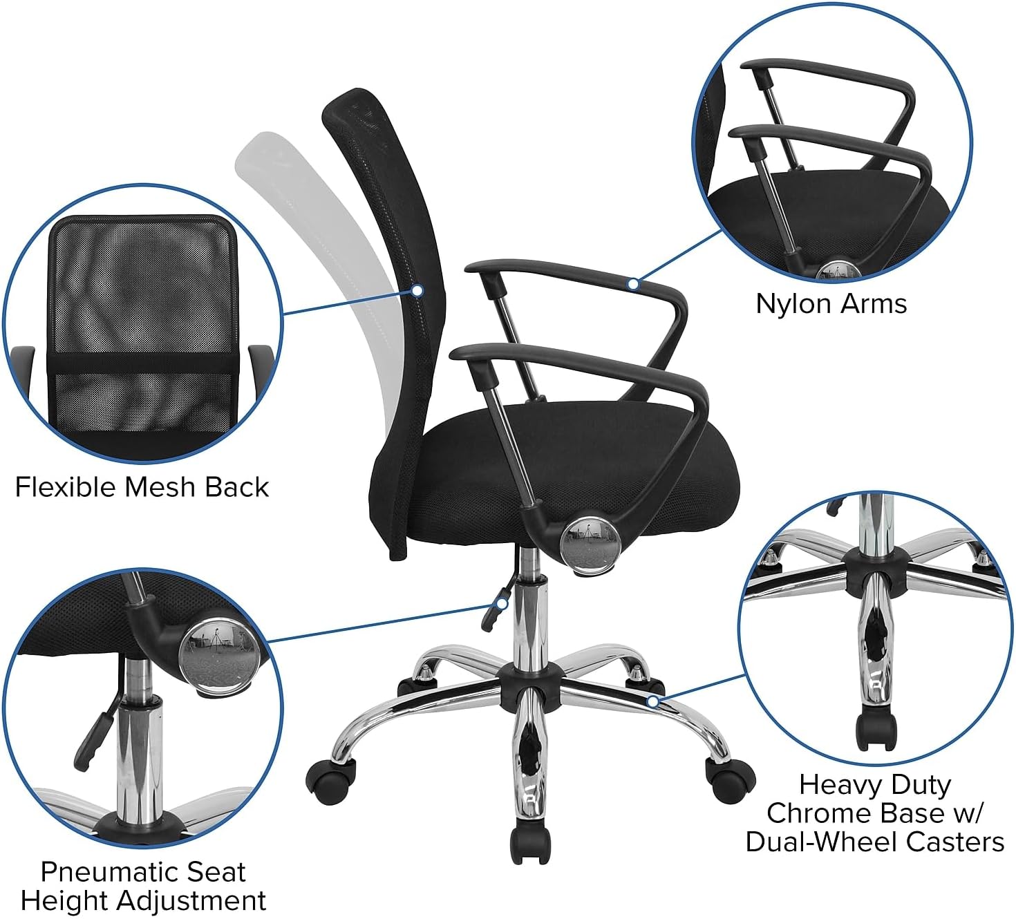Flash Furniture Jenkins Mid-Back Black Mesh Swivel Task Office Chair with Lumbar Support Band and Arms