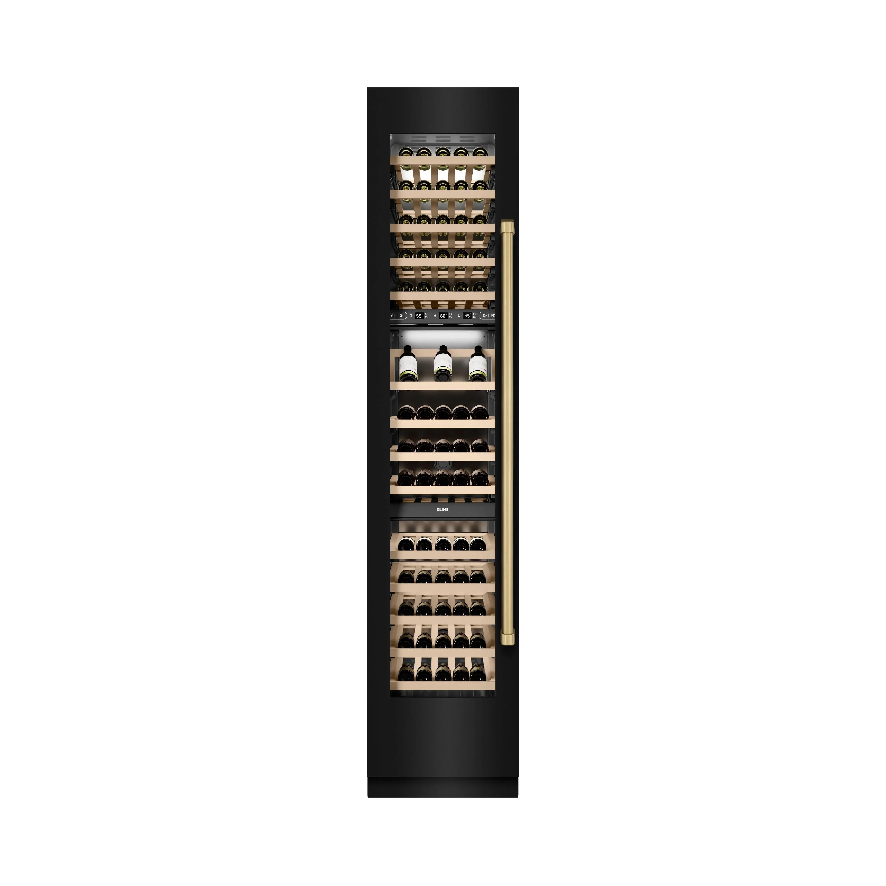 ZLINE Autograph Edition 18-Inch 9.0 Cu. Ft. Triple Zone 68 Bottle Left Hinge Column Wine Cooler in Black Stainless Steel with Champagne Bronze Accents (RCWVLZ-BS-18-CB)