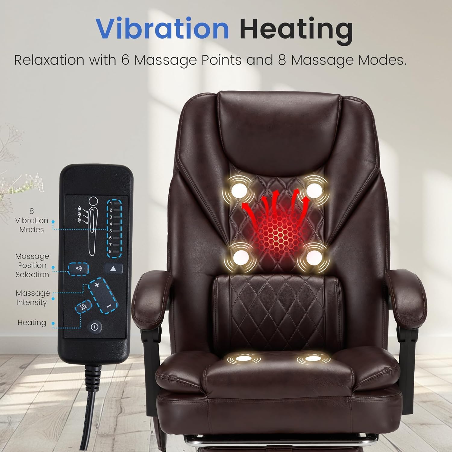 HOMREST 6-Point Massage Office Chair with Heat, 500lbs Big and Tall Executive Chair, Ergonomic Reclining Desk Chair with Footrest & Lumbar Support, Adjustable Armrest, PU Leather (Brown)