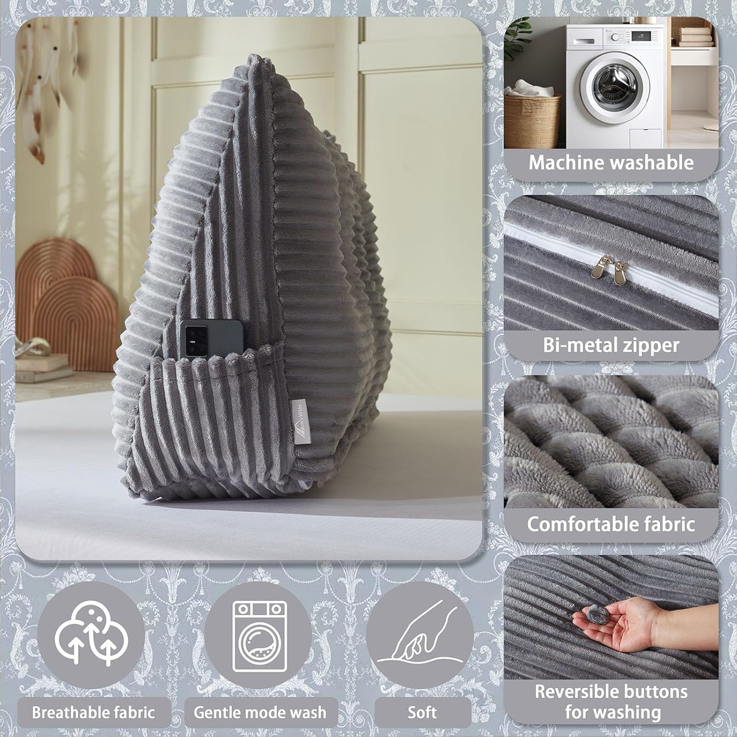 Headboard Wedge Pillow + A Long Neck Roll Pillow Body Pillow，Large Headboard Pillow with Removable Cover (Gray, King：76x8x20 inches)