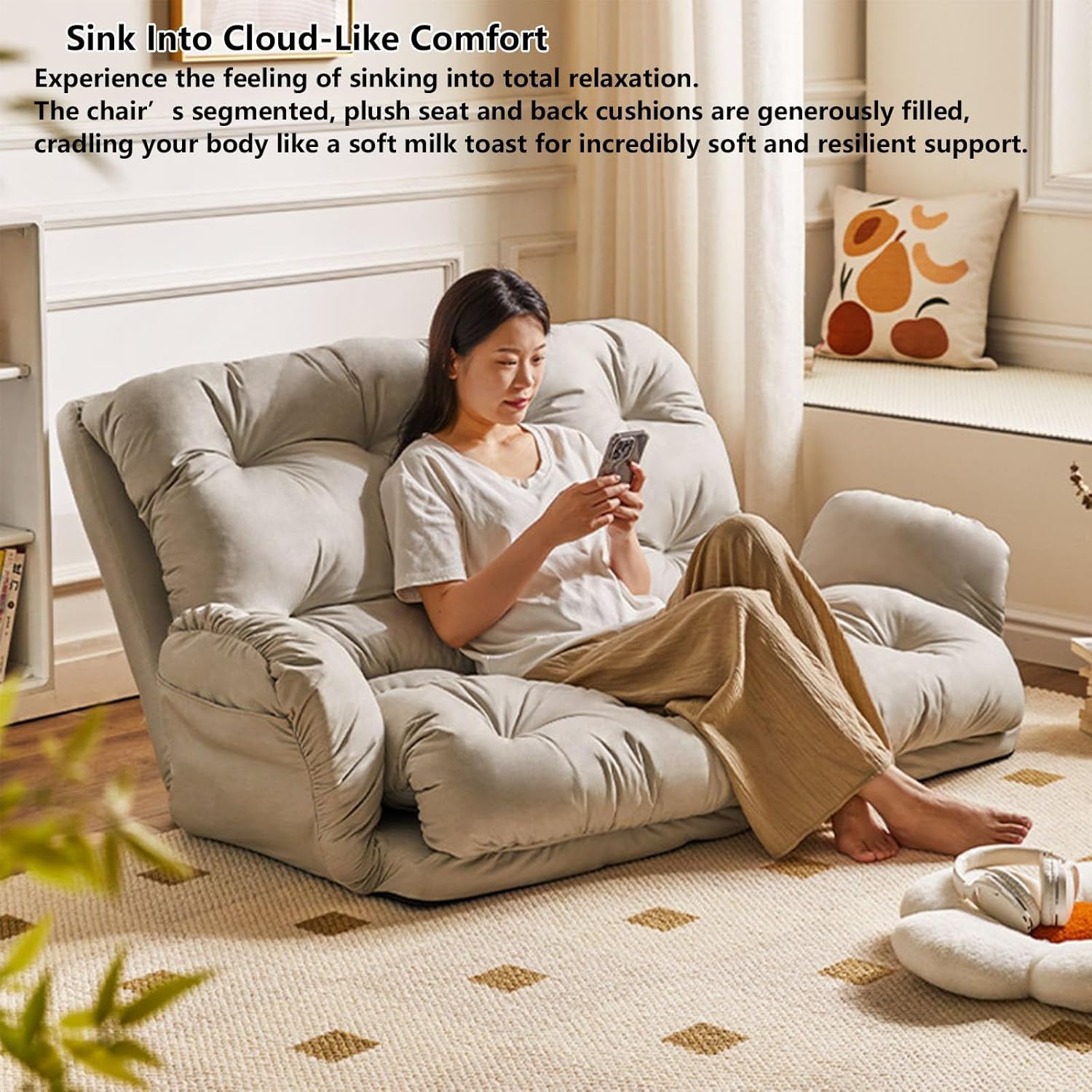 6-Position Adjustable Lazy Sofa, Fluffy-Tech Fabric Recliner with Padded Armrests, Ergonomic Dual-Zone Support Freestanding Lounge Chair for Bedroom & Living Room