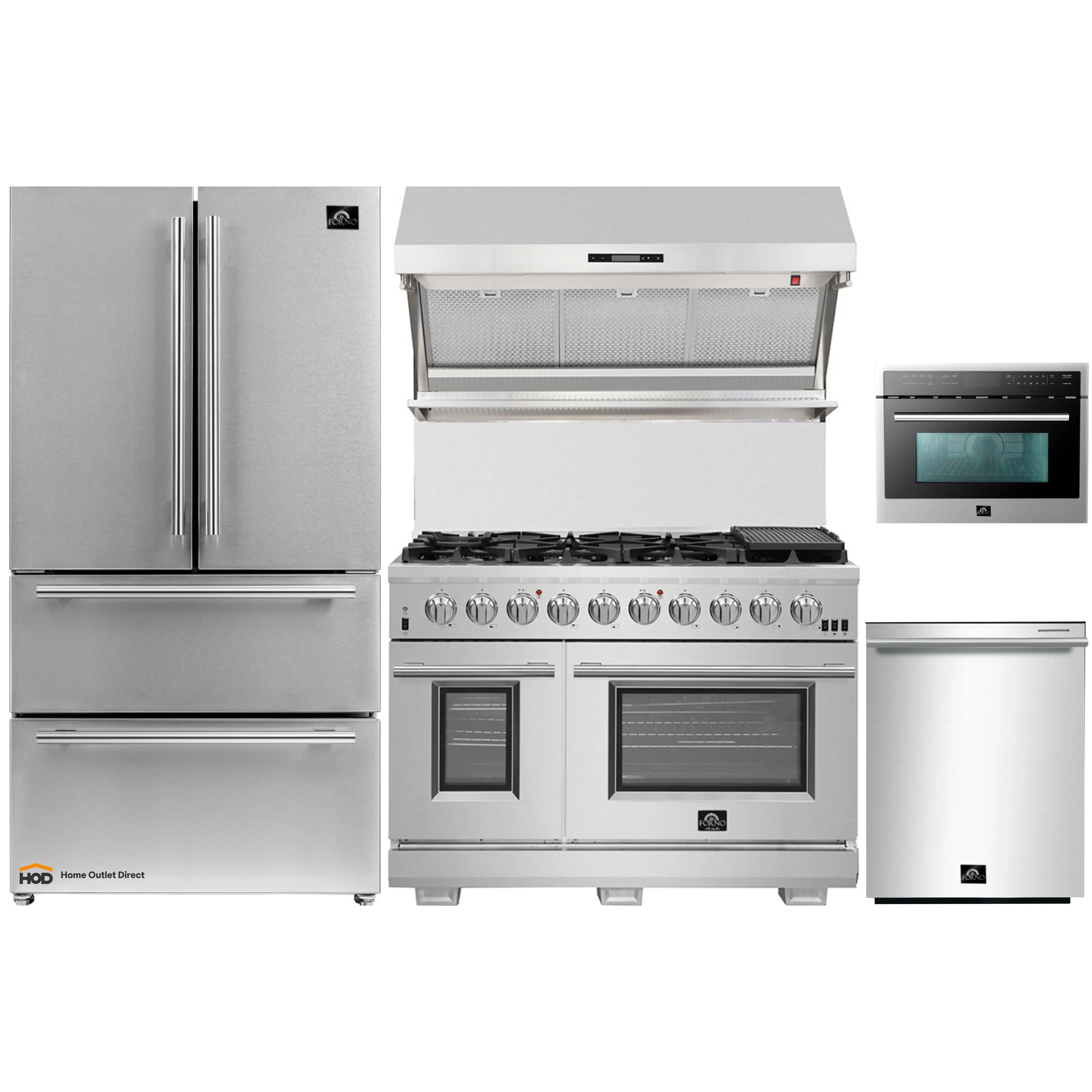 Forno 5-Piece Pro Appliance Package - 48-Inch Gas Range, Refrigerator, Wall Mount Hood with Backsplash, 24-Inch Microwave Oven, & 3-Rack Dishwasher in Stainless Steel