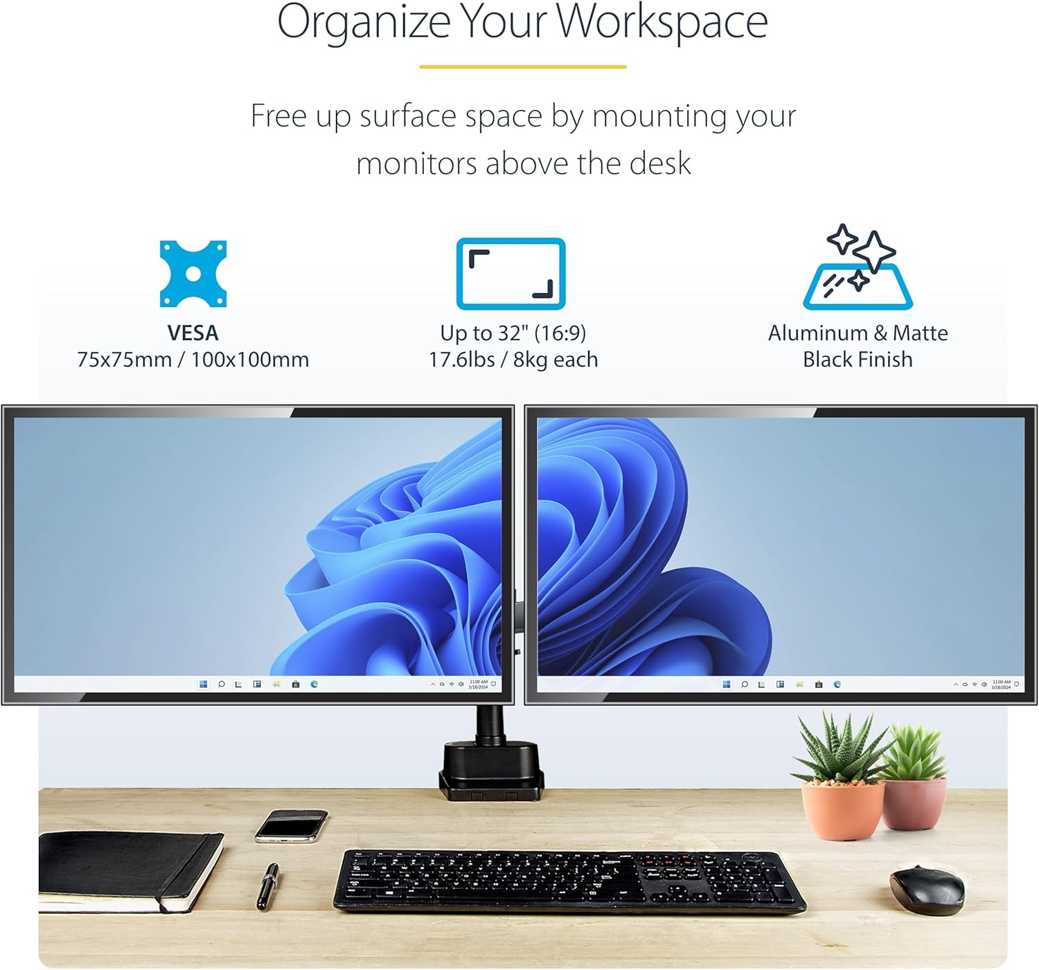 StarTech.com Desk Mount Dual Monitor Arm, Height Adjustable Mount for 2X VESA Displays up to 32