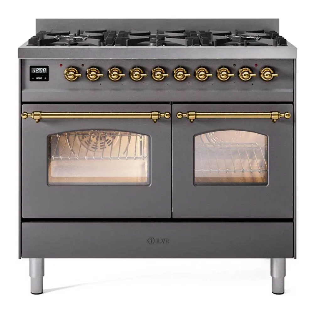 ILVE Nostalgie II Limited Edition 40-Inch Dual Fuel Range with 6 Gas Brass Burners and Electric Oven in Matte Graphite (UPD406NMPMGG)