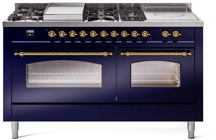 ILVE Nostalgie II 60-Inch Dual Fuel Range with 7 Burners, Griddle, & French Top with Triple Glass Door Oven in Midnight Blue with Brass Trim (UP60FSNMPMBG)
