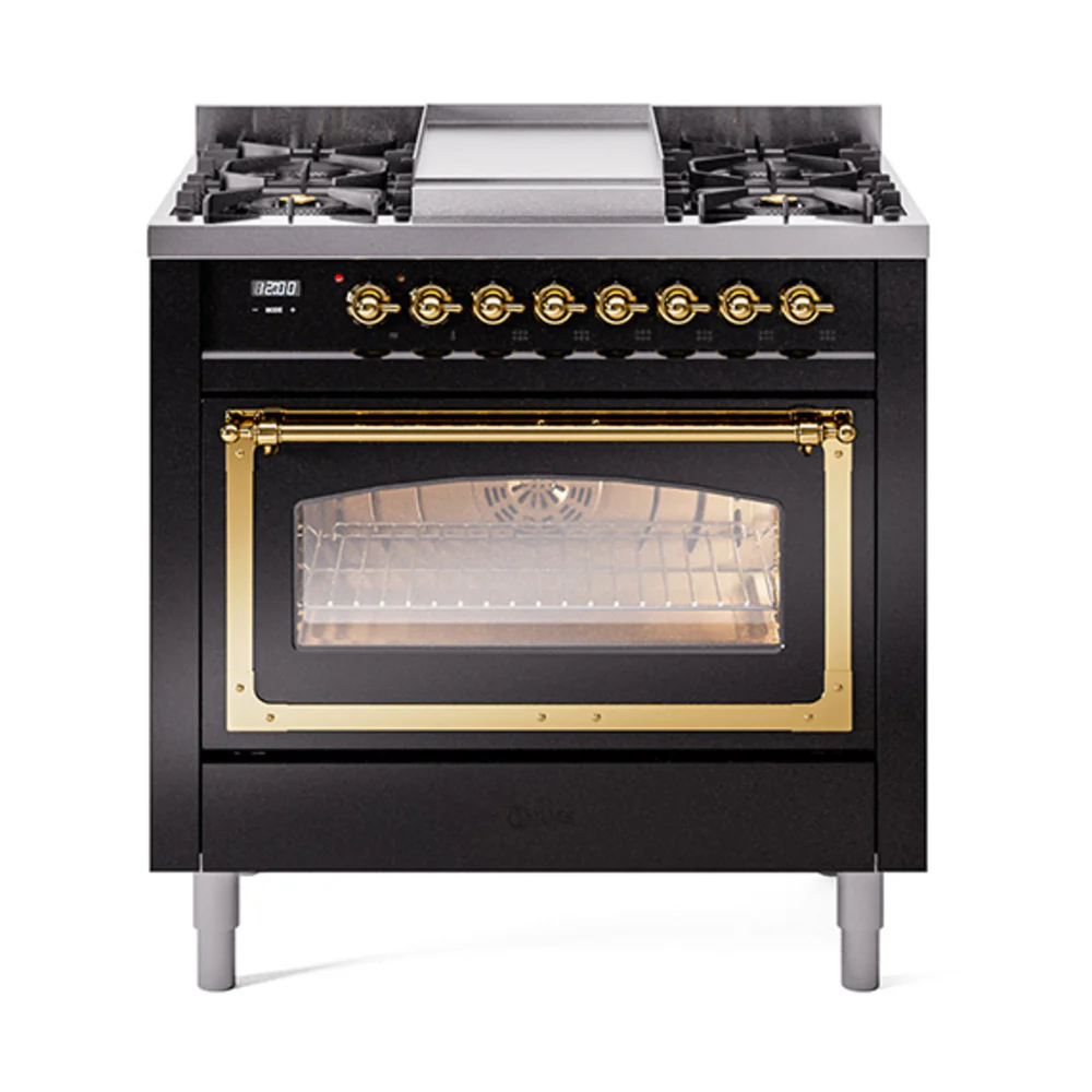 ILVE Nostalgie II Noblesse 36-Inch Dual Fuel Range and Triple Glass Door in Glossy Black with Brass Trim (UN36FNMPBKG)