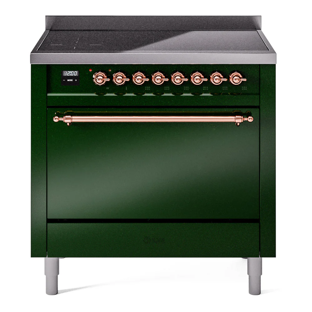 ILVE 36-Inch Nostalgie II Induction Range with Solid Door Oven in Emerald Green with Copper Trim (UPI366QNMPEGP)