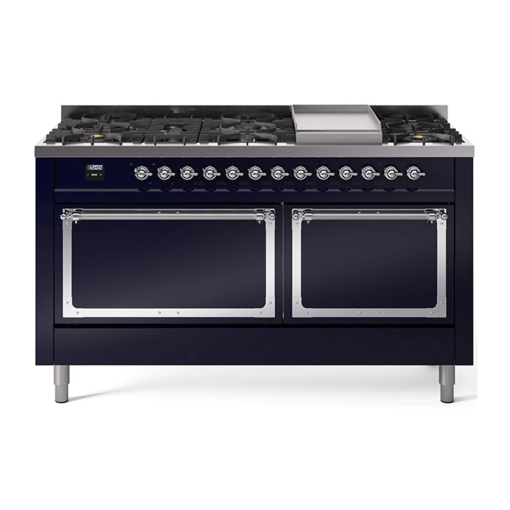 ILVE 60-Inch Nostalgie II Noblesse Dual Fuel Range with 9 Sealed Burners, Griddle, and Solid Door Oven in Midnight Blue with Chrome Trim  (UN60FQNMPMBC)
