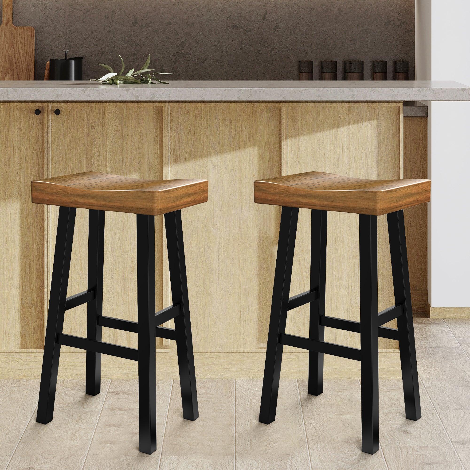 Parrot Uncle Set of 2 Farmhouse Solid Wood Bar Stools - Backless Saddle Seat Counter Height Chairs for Kitchen Island, Breakfast Nook & Home Office