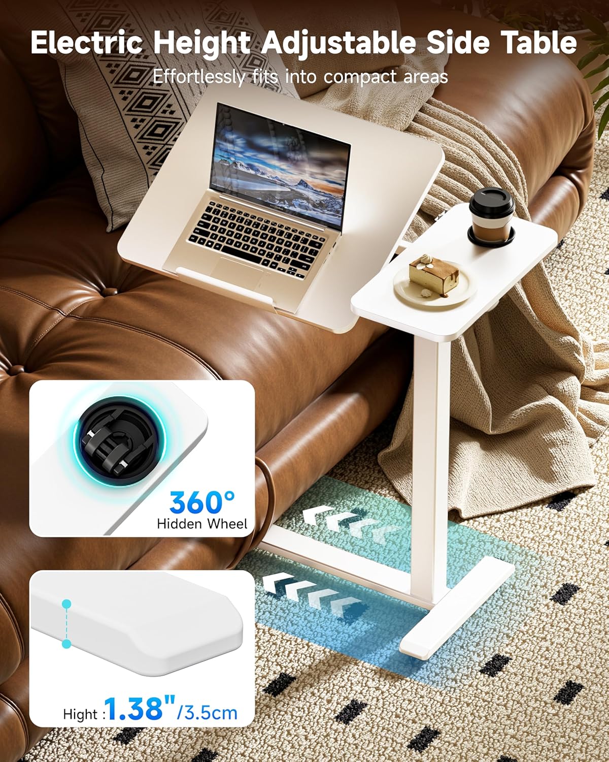 BZIUM Overbed Bedside Table with Hidden Wheels, Adjustable Medical Tilt Top Hospital Bed Table Over The Bed, Rolling Desk Mobile Standing Desk (27.6x15.8, White)