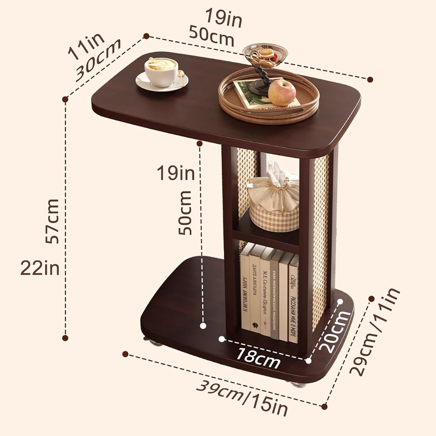 PAKMEZ Overbed Bedside Table with Hidden Casters, Computer Cart, Side Workstation, 3 Layers Standing Desk, Ergonomic Overbed, for Bedroom on Hospital Home Use