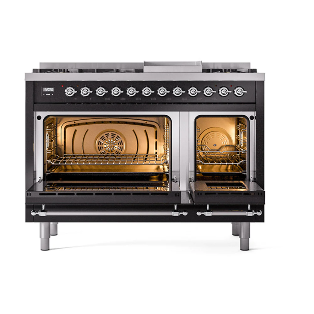 ILVE 48-Inch Nostalgie II Dual Fuel Range with 8 Burners, Griddle, and Solid Door Oven in Glossy Black with Chrome Trim (UP48FQNMPBKC)