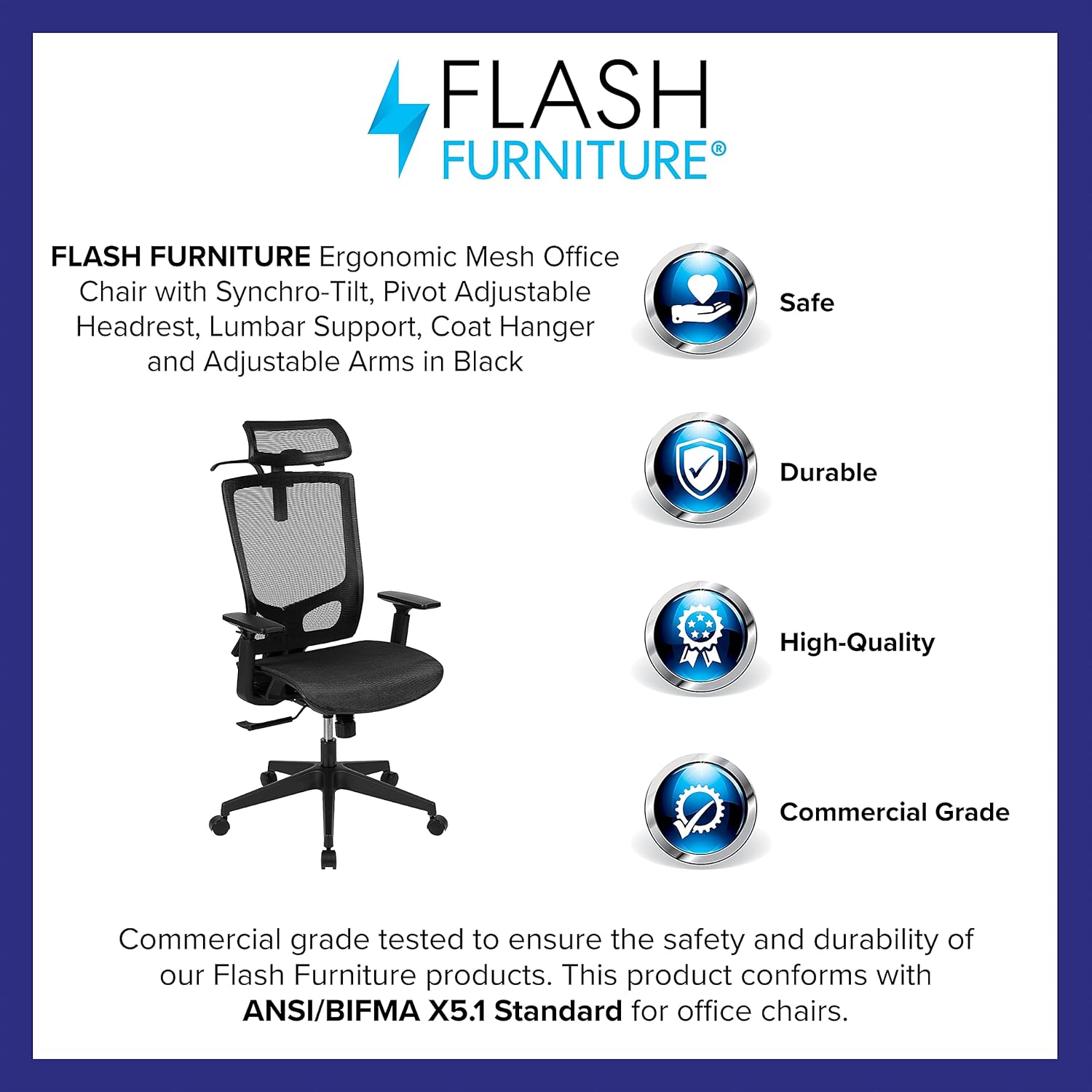 Flash Furniture Layla Ergonomic Mesh Office Chair with Synchro-Tilt, Pivot Adjustable Headrest, Lumbar Support, Coat Hanger and Adjustable Arms in Black