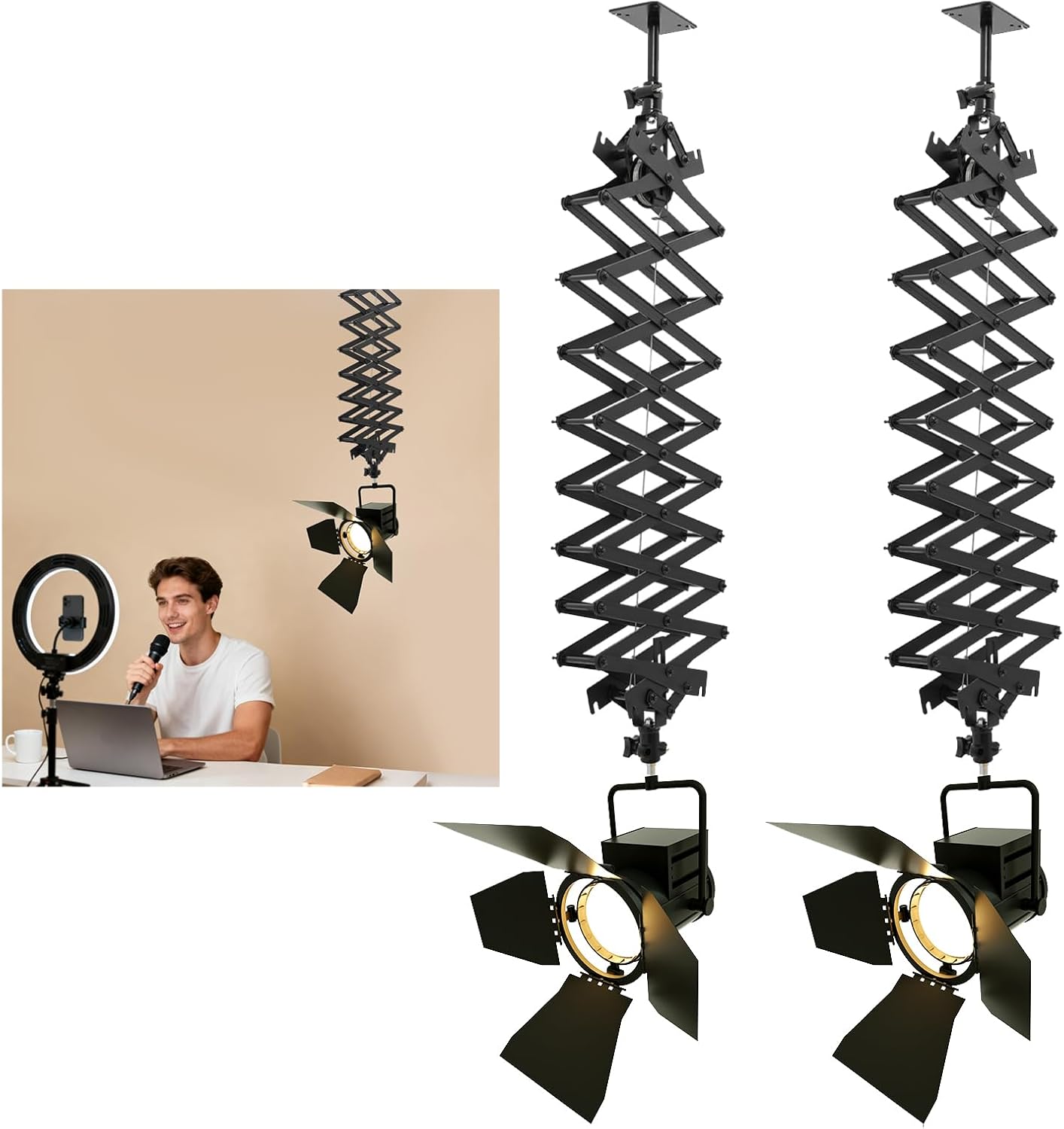 2 Packs 2M Drop Pantograph Ceiling Rail System, Stretch Ceiling Light Mount Support 21.7-78.7in Retractable Photograph Lighting Kit w/Pulley Safety Rope, Pantograph Studio Arm for Studio(22 LBS Load)