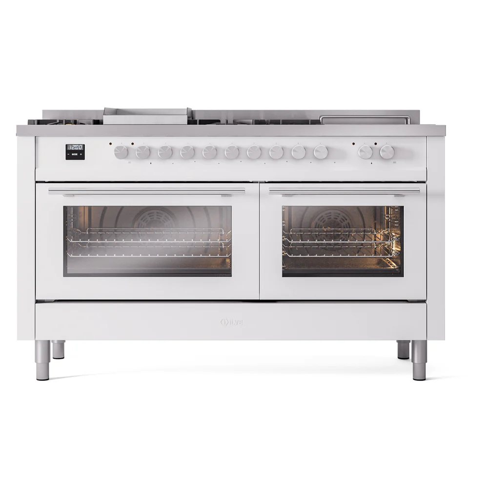 ILVE Professional Plus II 60-Inch Dual Fuel Range with 7 Burners, Griddle, & French Top with Solid Door Oven in White (UP60FSQMPWH)