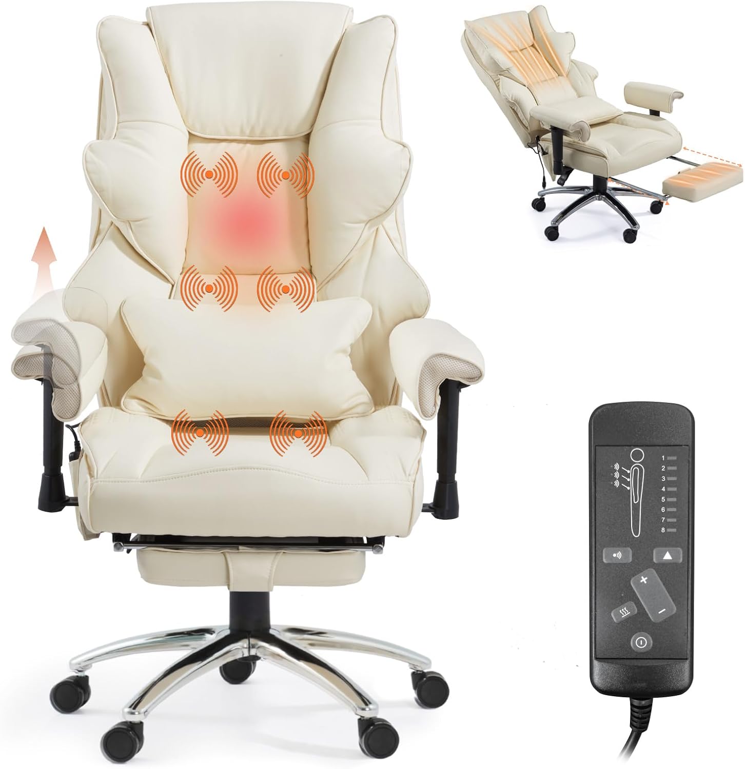 Massage Office Chair with Foot Rest, Ergonomic Executive Heated Office Chair with Reclining Backrest, Adjustable Arms and Lumbar Support, High Back Leather Desk Chairs for Home Office, Beige