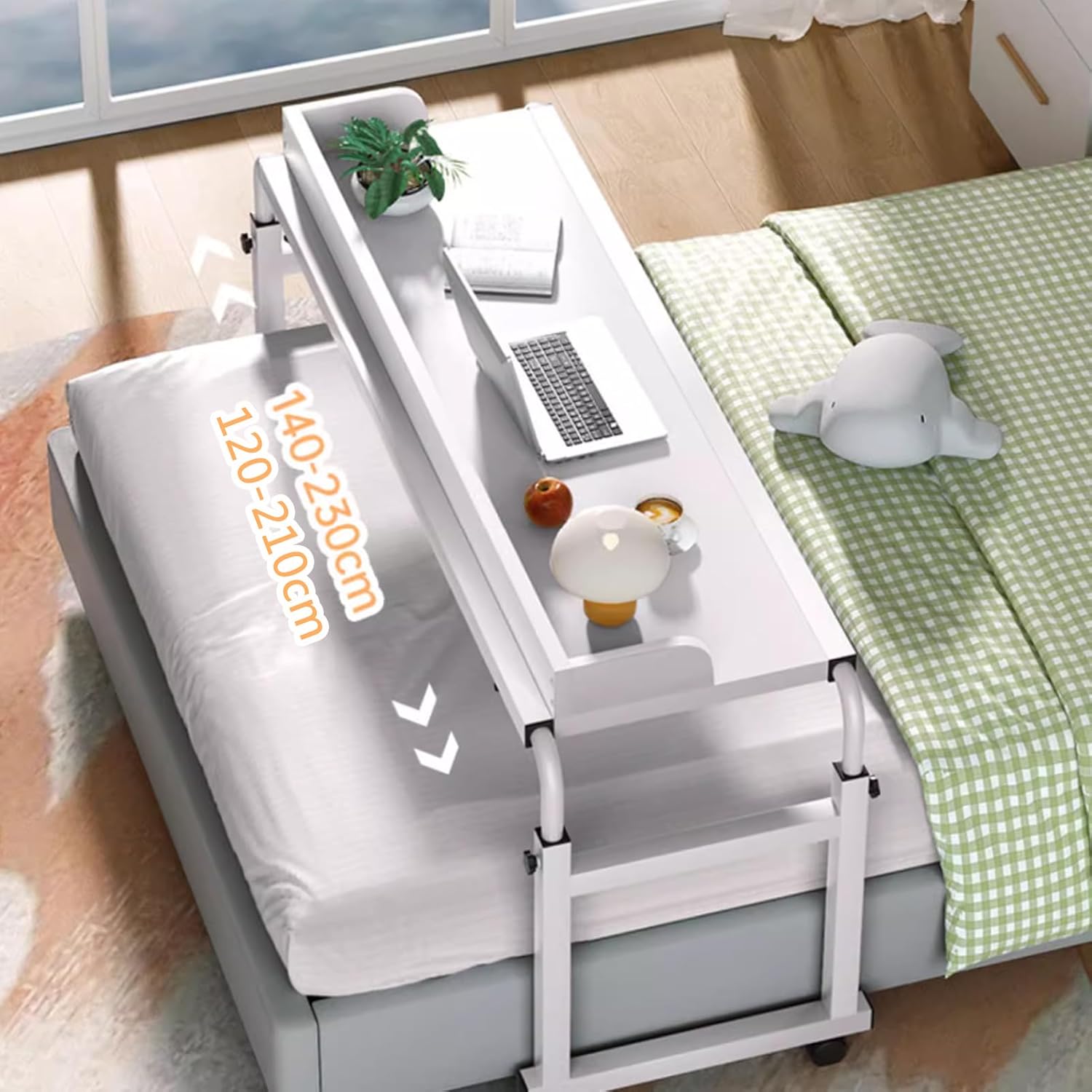 Height Length Adjustable Overbed Table with Wheels - Queen Size Over Bed Desk,Mobile Laptop Cart Rolling Medical Table for Hospital and Home use,350lbs Weight Capacity