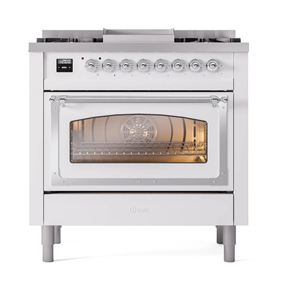 ILVE Nostalgie II Noblesse 36-Inch Dual Fuel Range and Triple Glass Door in White with Chrome Trim (UN36FNMPWHC)