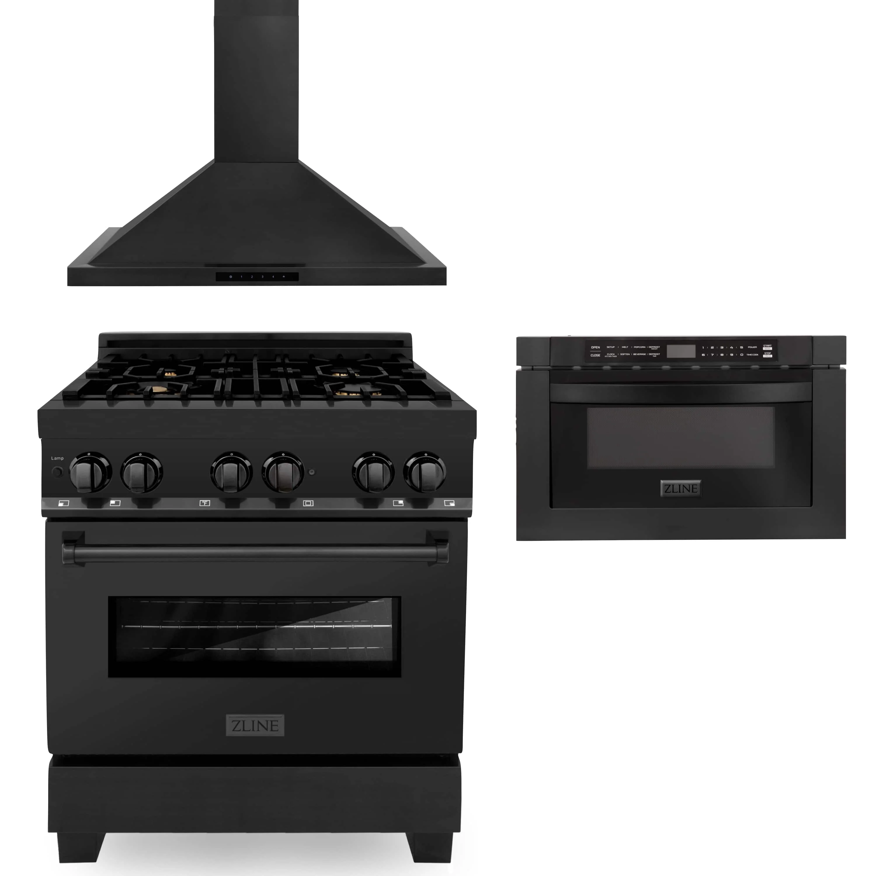 ZLINE 3-Piece Appliance Package - 30-inch Dual Fuel Range with Brass Burners, Microwave Drawer & Convertible Wall Mount Range Hood in Black Stainless Steel (3KP-RABRH30-MW)