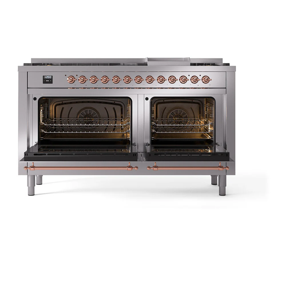 ILVE 60-Inch Nostalgie II Dual Fuel Range with 9 Burners, Griddle, and Solid Door Oven in Stainless Steel with Copper Trim (UP60FQNMPSSP)