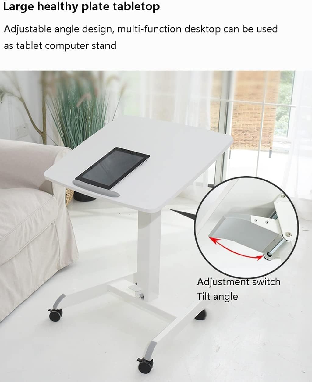 Medical Adjustable Overbed Bedside Table with Wheels Pneumatic Mobile Laptop Computer Standing Desk for Hospital and Home Use