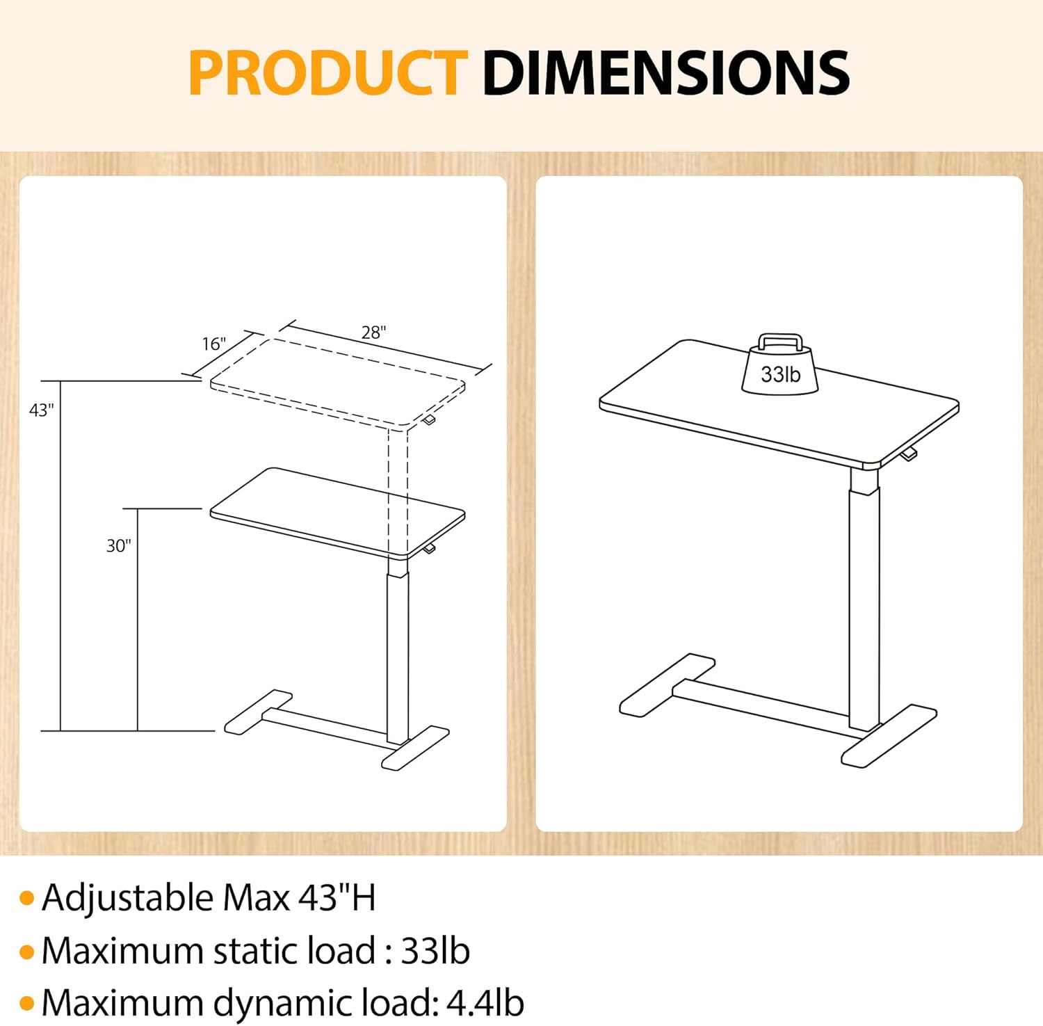 Overbed Table with Hidden Wheels, Height Adjustable Medical Bed Table Hospital Bedside Table, 28