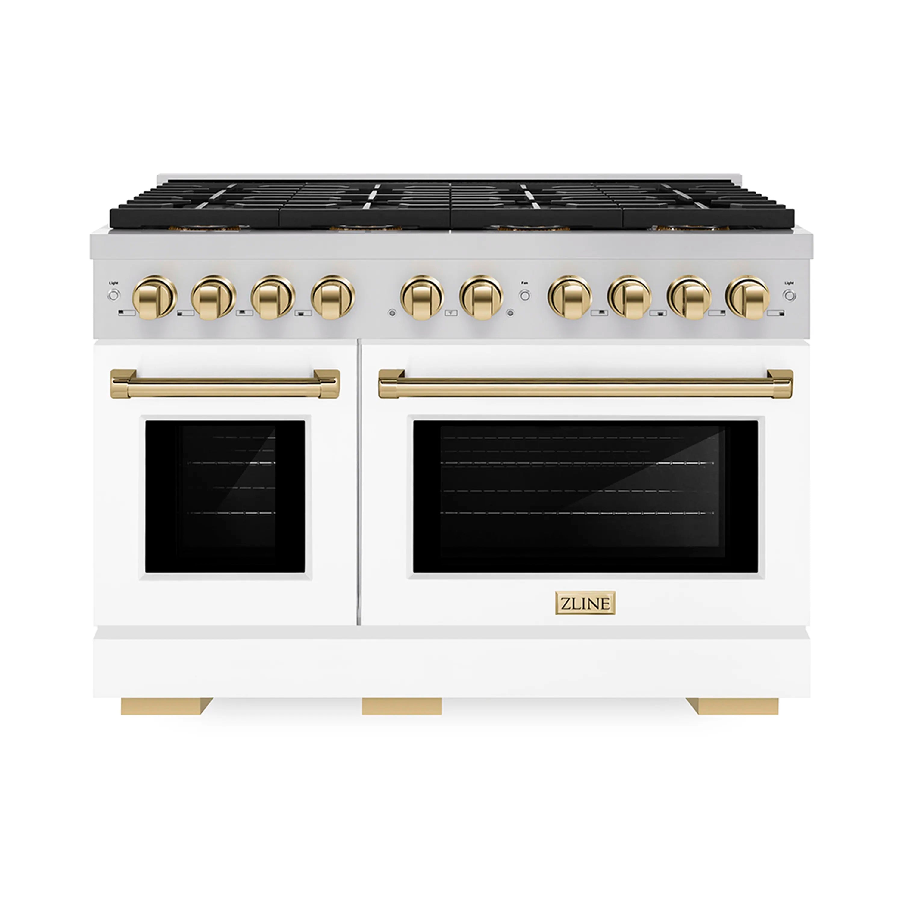 ZLINE Autograph Edition 48-Inch 6.7 cu. ft. Paramount Gas Range with 8 Burner DuoPro鈩?Cooktop and Dual Ovens with White Matte Doors and Polished Gold Accents (PSGRZ-WM-48-G)