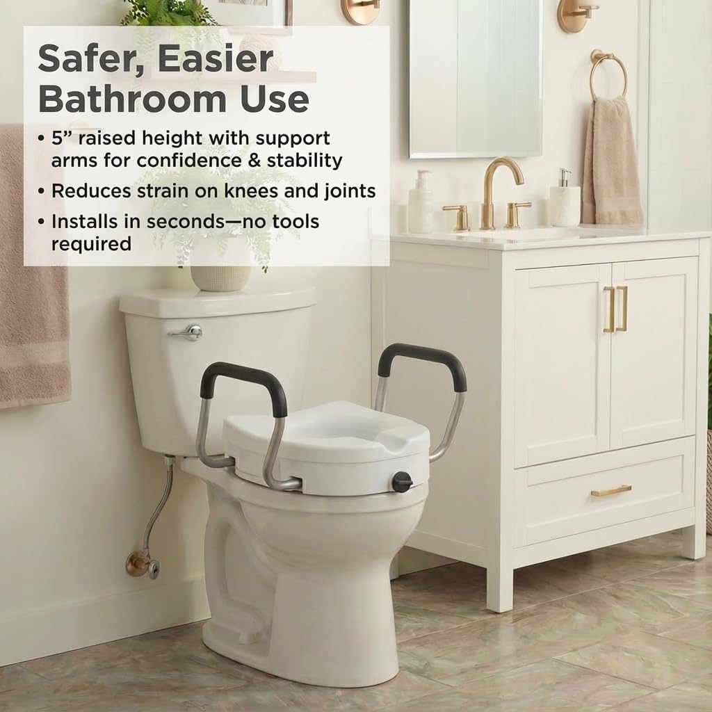 NOVA Medical Products Elevated Raised Toilet Seat with Removable, Adjustable Padded Arms, 20” Width Between Arms, Locking, Easy On and Off for Standard and Elongated Toilets, White, 1 Count