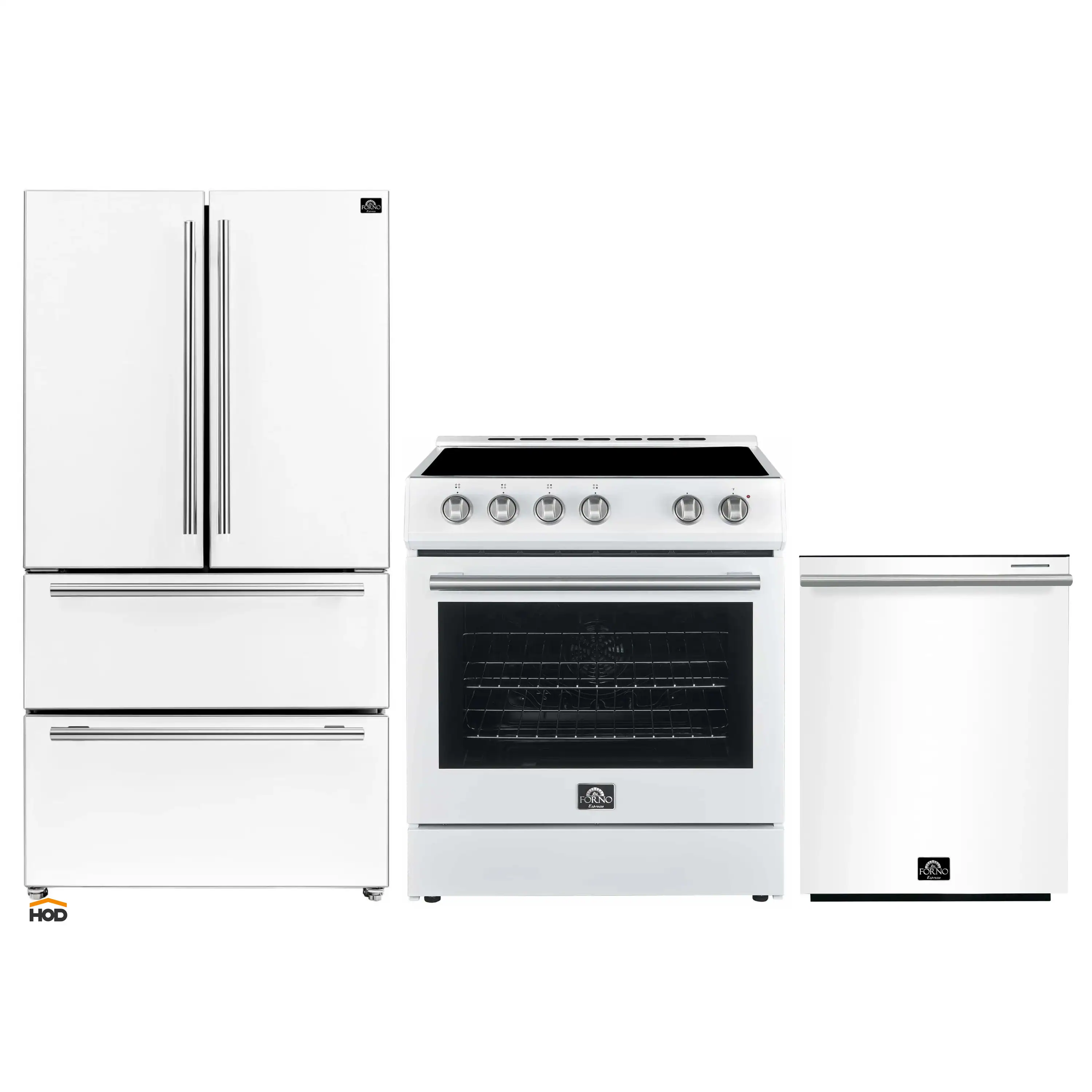 Forno Espresso 3-Piece Appliance Package - 30-Inch Electric Range, Refrigerator and Dishwasher in White with Stainless Steel Trim