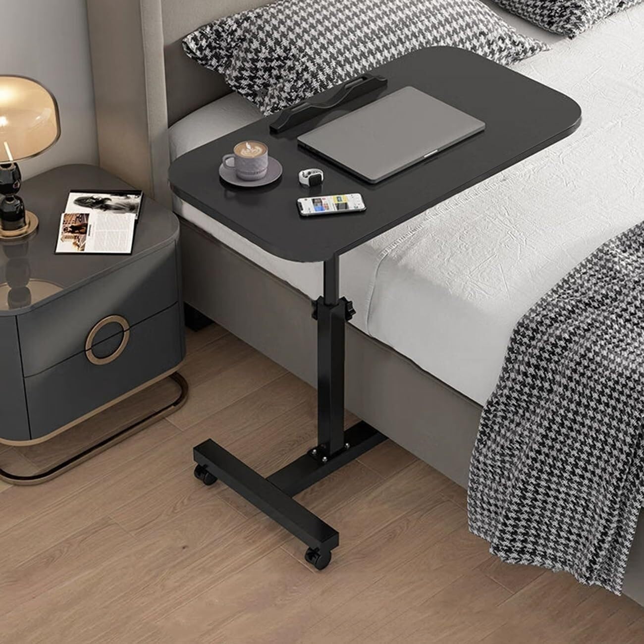 Mobile Overbed Table with Wheels, Adjustable C-Shaped Side Table, Hospital Bed Table Laptop Desk, Rolling Tray Table with Foldable Design, Height Adjustable, Sturdy, Easy Assembly