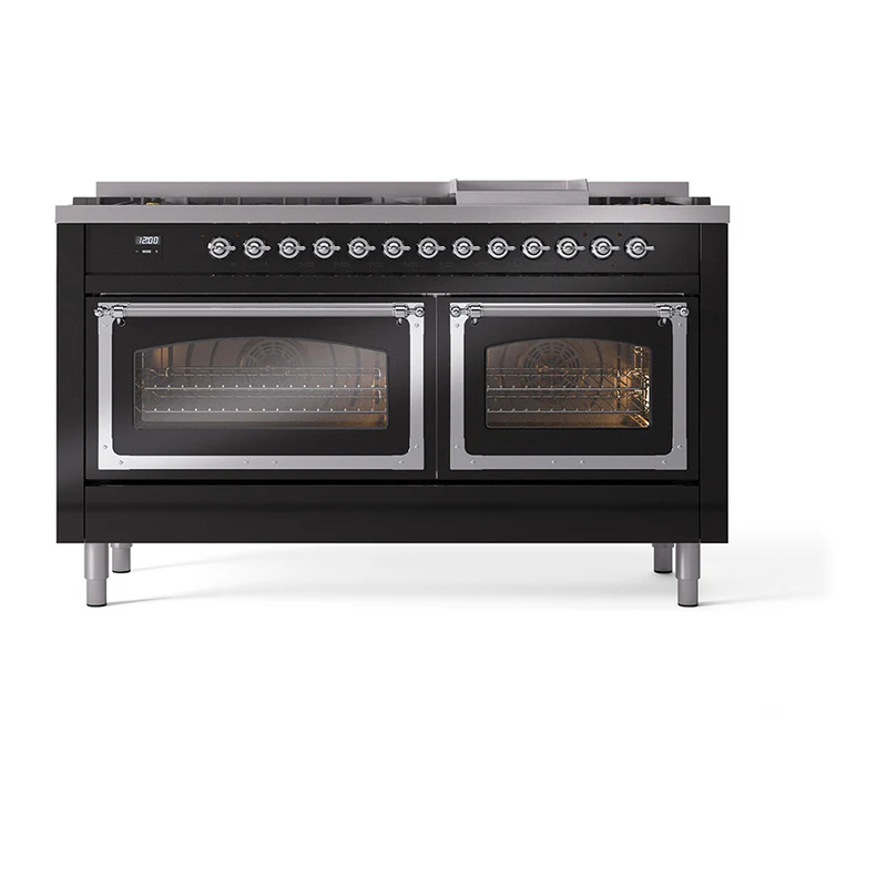 ILVE 60-Inch Nostalgie II Noblesse Dual Fuel Range with 9 Sealed Burners, Griddle, Triple Glass Door Oven in Glossy Black with Chrome Trim (UN60FNMPBKC)