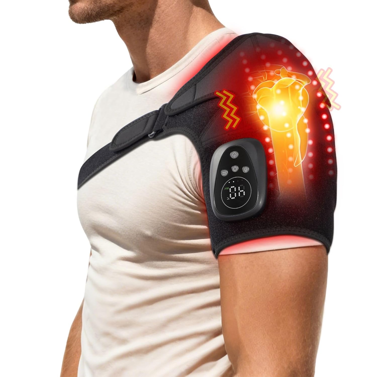 Red Light Heated Shoulder Wrap with Massage, Cordless Shoulder Heating Pad for Rotator Cuff Pain Relief, Rechargeable Shoulders Brace for Men Women, Left