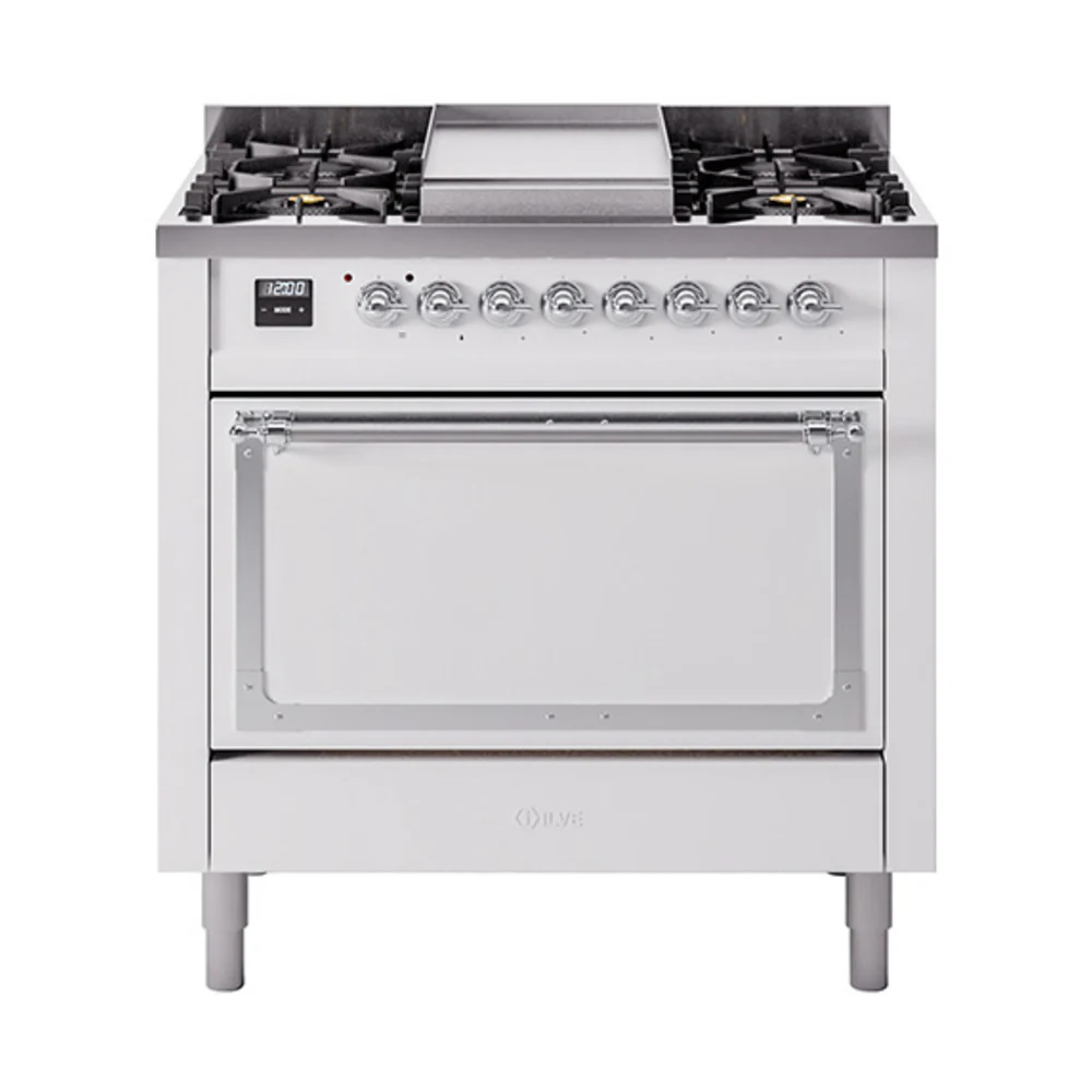 ILVE Nostalgie II Noblesse 36-Inch Dual Fuel Range and Solid Door Oven in White with Chrome Trim (UN36FQNMPWHC)