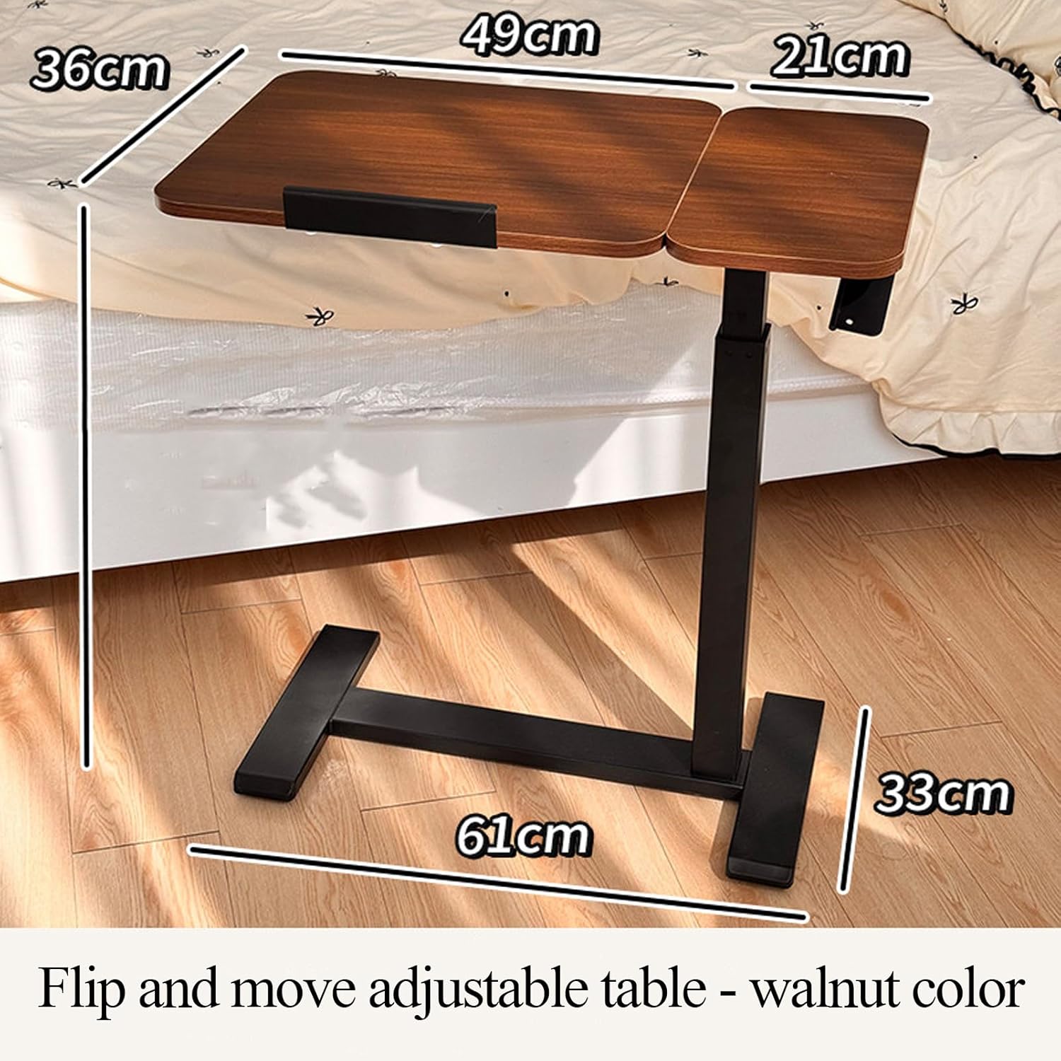 ELQ Adjustable Over Bed Table with Hidden Casters, Tiltable Hospital Bed Table with Wheels, Rolling Laptop Desk for Home, Office, Study, Walnut（27.6