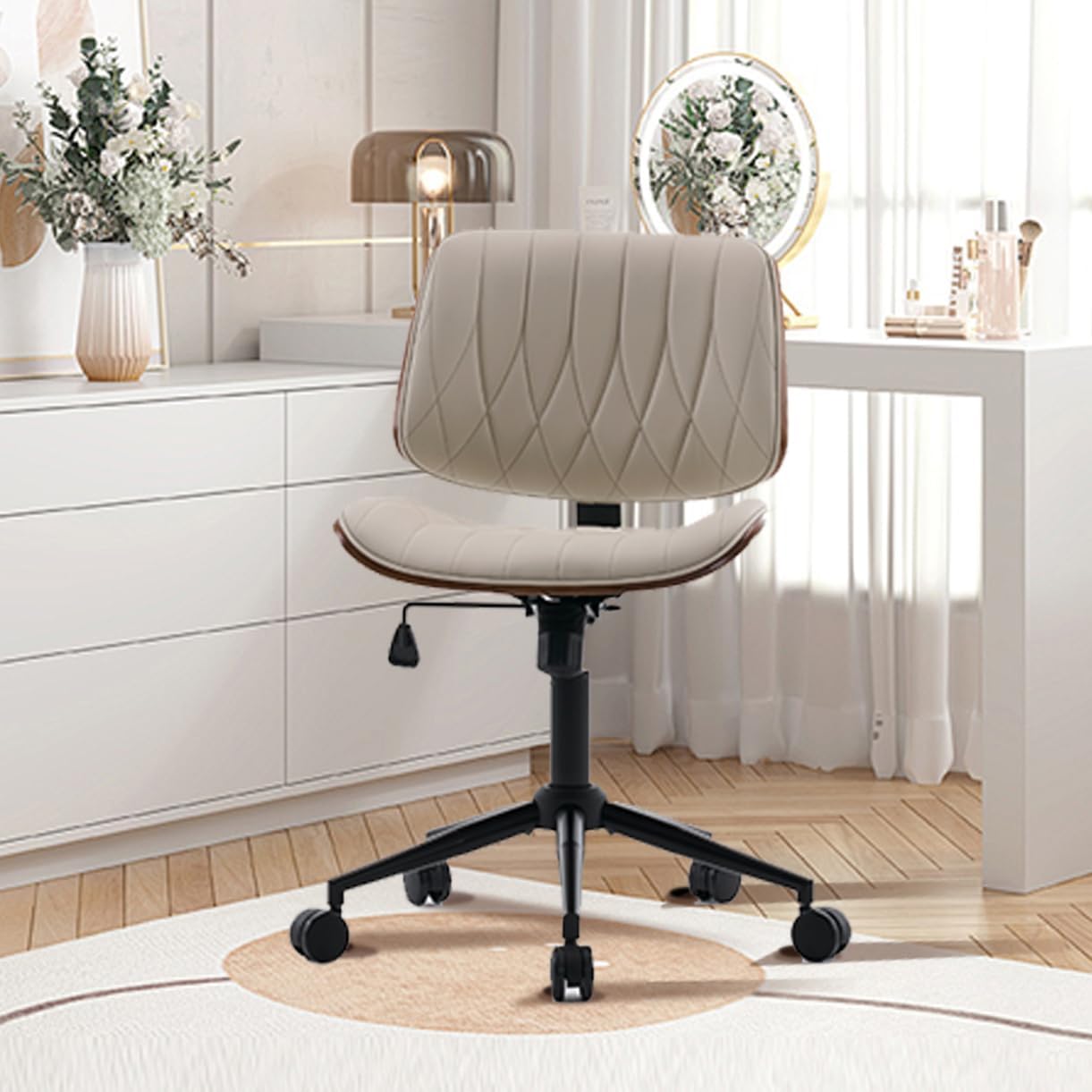 Armless Desk Chair, Mid-Century Modern Office Chair no Arms, Vanity Chair, PU Leather Computer Task Chairs for Home Small Space, Quilted Upholstery Bentwood Frame, Swivel with Wheels, Cream