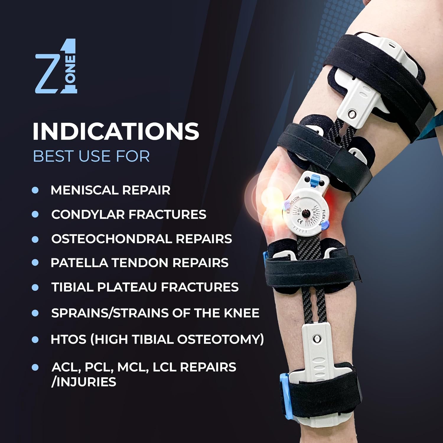 Z ONE Z1 K10 Eco Hinged ROM Knee Brace - Carbon Fiber Post Op Knee Immobilizer Lightweight Adjustable Leg Braces Medical Orthopedic Support for ACL, PCL, MCL Injury & After Surgery for Women & Men