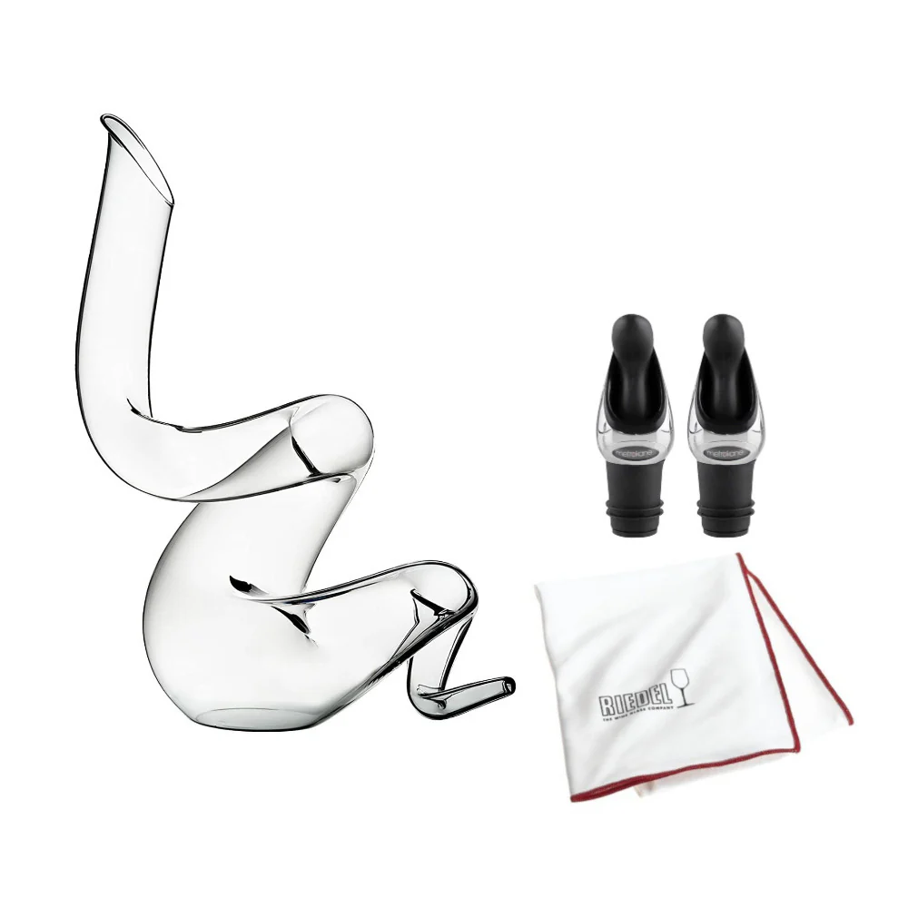 Riedel Boa Decanter with Wine Pourer with Stoppers (2-Pack) and Polishing Cloth