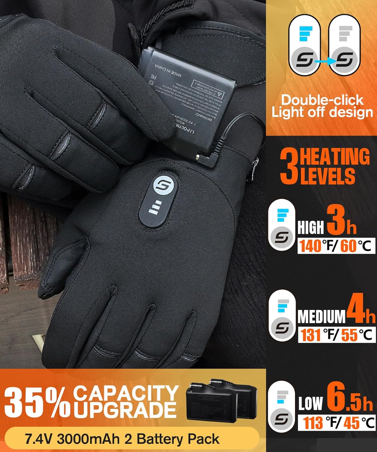 JS LifeStyle Heated Gloves for Men Women,7.4V 3000mAh Rechargeable Wear-Resistant with Touch Screen and Light-Off Design