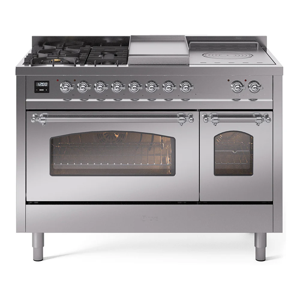 ILVE Nostalgie II 48-Inch Dual Fuel Range with 5 Burners, Griddle, & French Top with Triple Glass Door Oven in Stainless Steel with Chrome Trim (UP48FSNMPSSC)