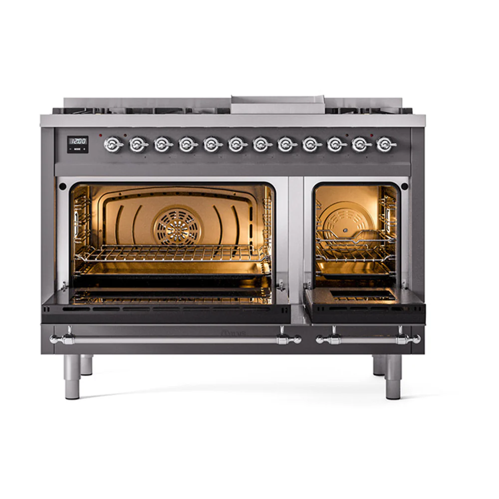 ILVE Nostalgie II Noblesse 48-Inch Dual Fuel Freestanding Range with Solid Door Oven in Matte Graphite with Chrome Trim (UN48FQNMPMGC)