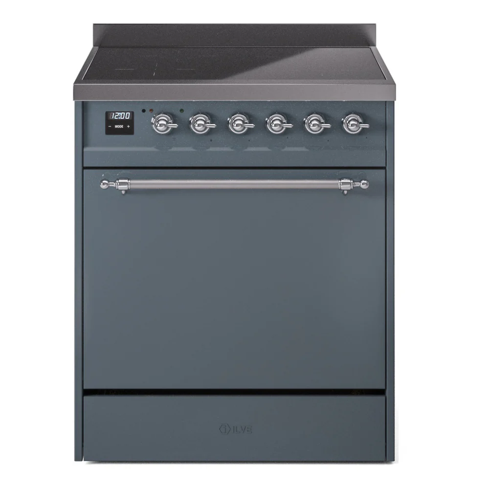 ILVE 30-Inch Nostalgie II Induction Range with Solid Door Oven in Blue Grey with Chrome Trim (UPI304QNMPBGC)