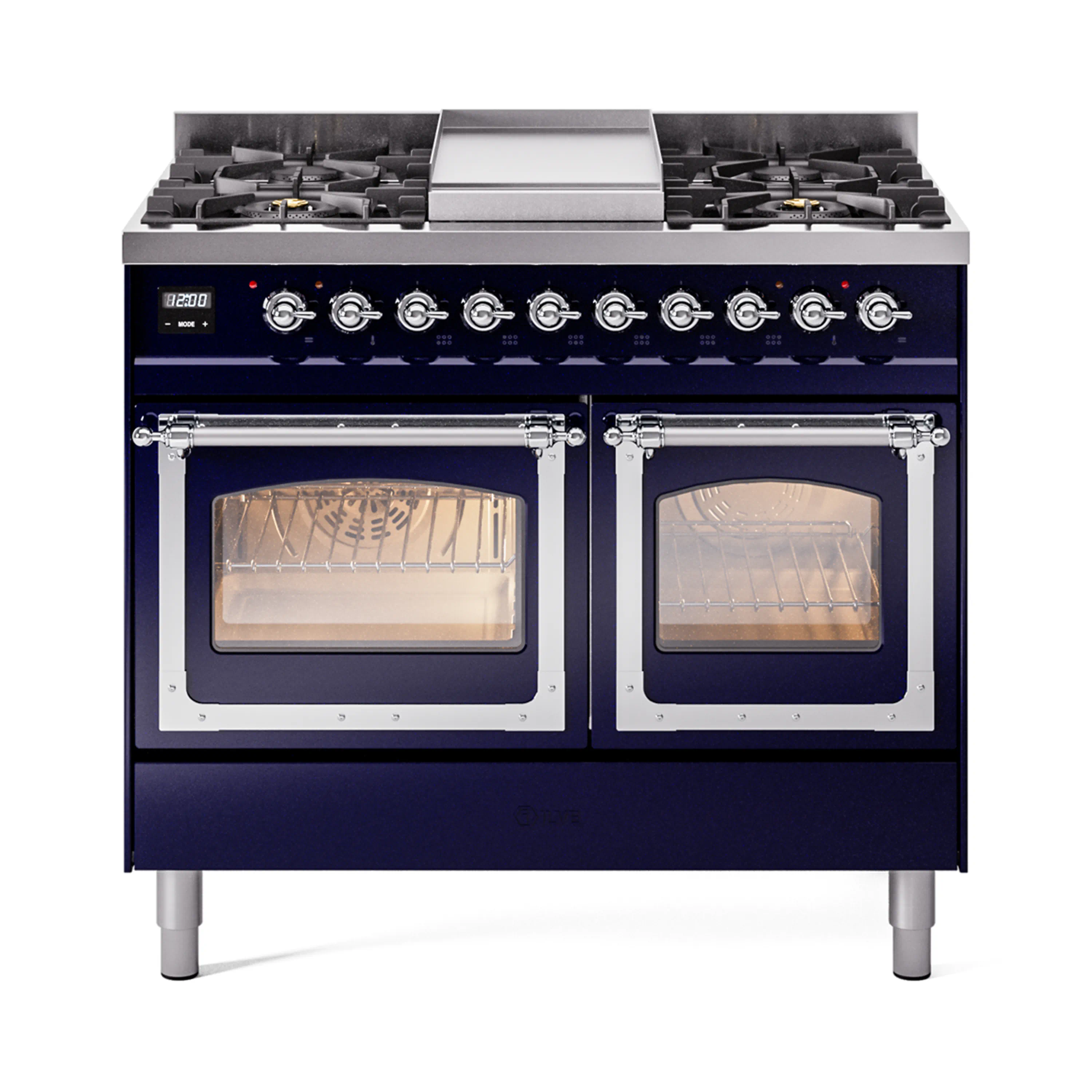 ILVE 40-Inch Nostalgie II Noblesse Dual Fuel Range with Triple Glass Door Oven in Midnight Blue with Chrome Trim (UND40FNMPMBC)