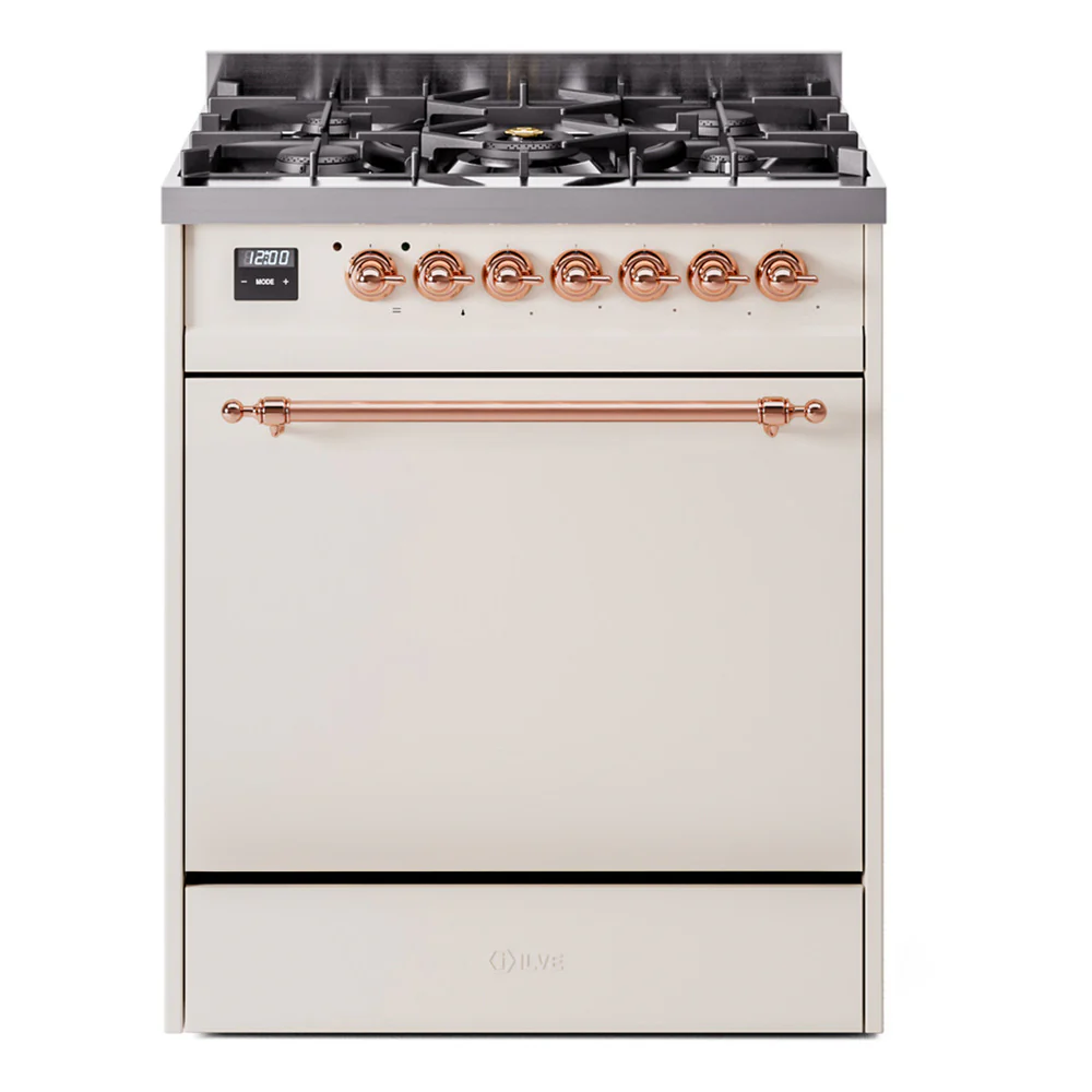 ILVE Nostalgie II 30-Inch Dual Fuel Range with Solid Door in Antique White with Copper Trim (UP30QNMPAWP)