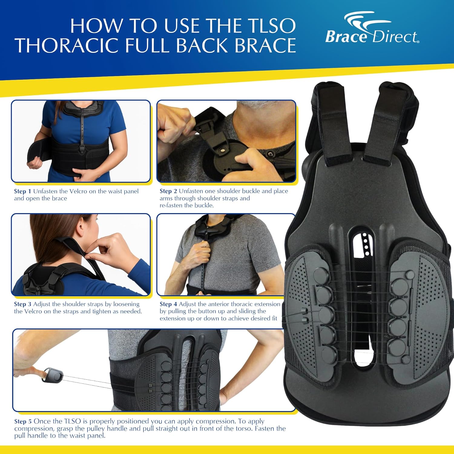 TLSO Full Back Brace - Kyphosis, Degenerative Disc & Compression Fracture Recovery with Pulley Compression - Post-Op Support - by Brace Direct - L0464 - X-Large (Waist 45-50 in)